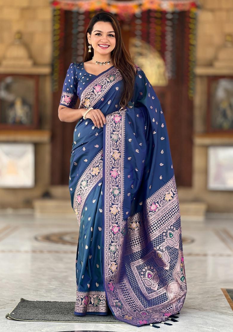 Morpeach Blue Weaving Silk Saree Set