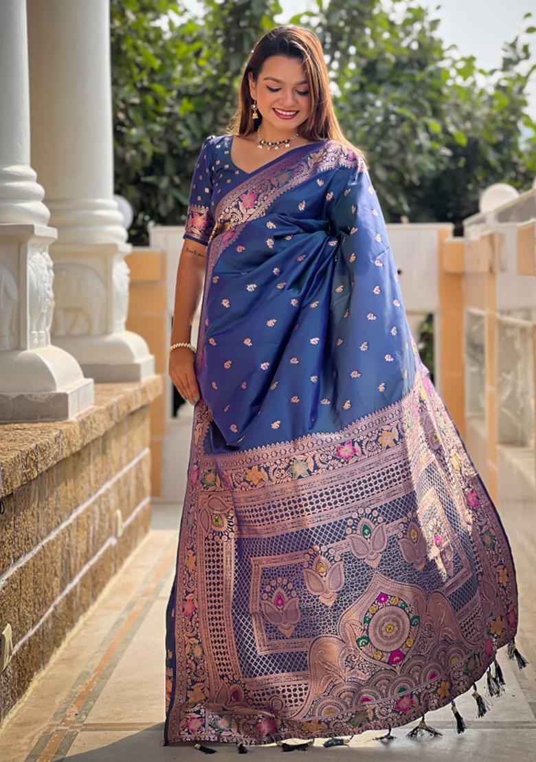 Morpeach Blue Weaving Silk Saree Set - Indya