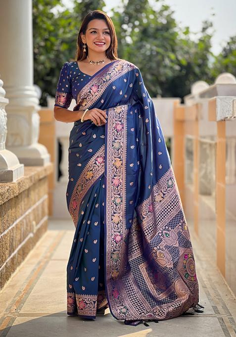 Morpeach Blue Weaving Silk Saree Set