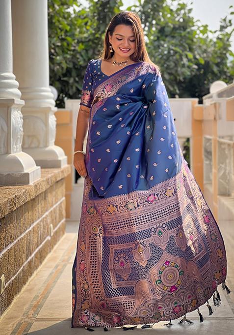 Morpeach Blue Weaving Silk Saree Set