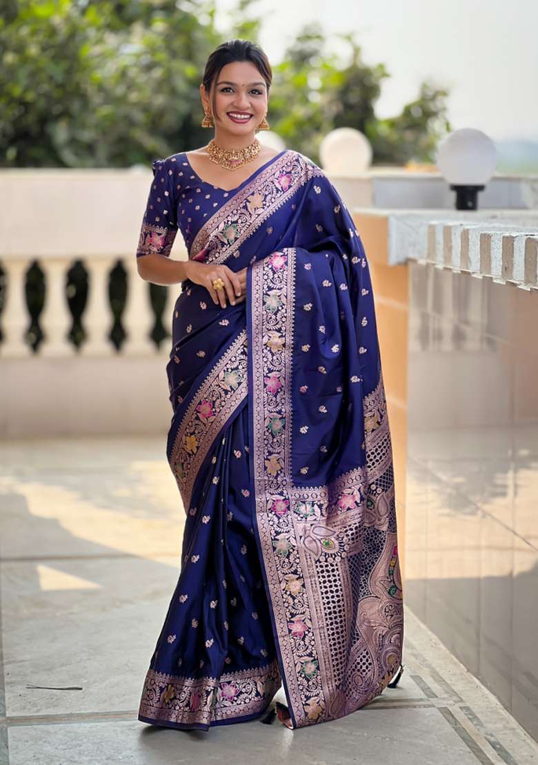 Navy Blue Weaving Silk Saree Set for Diwali and Festive Wear - Indya
