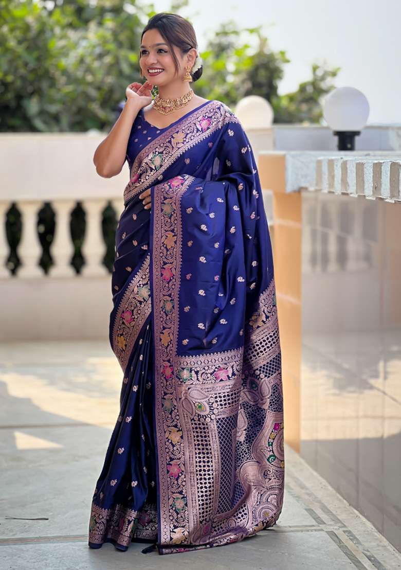 Navy Blue Weaving Silk Saree Set for Diwali and Festive Wear - Indya
