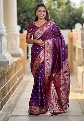 Wine Weaving Silk Saree Set