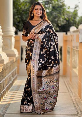 Black Weaving Silk Saree Set