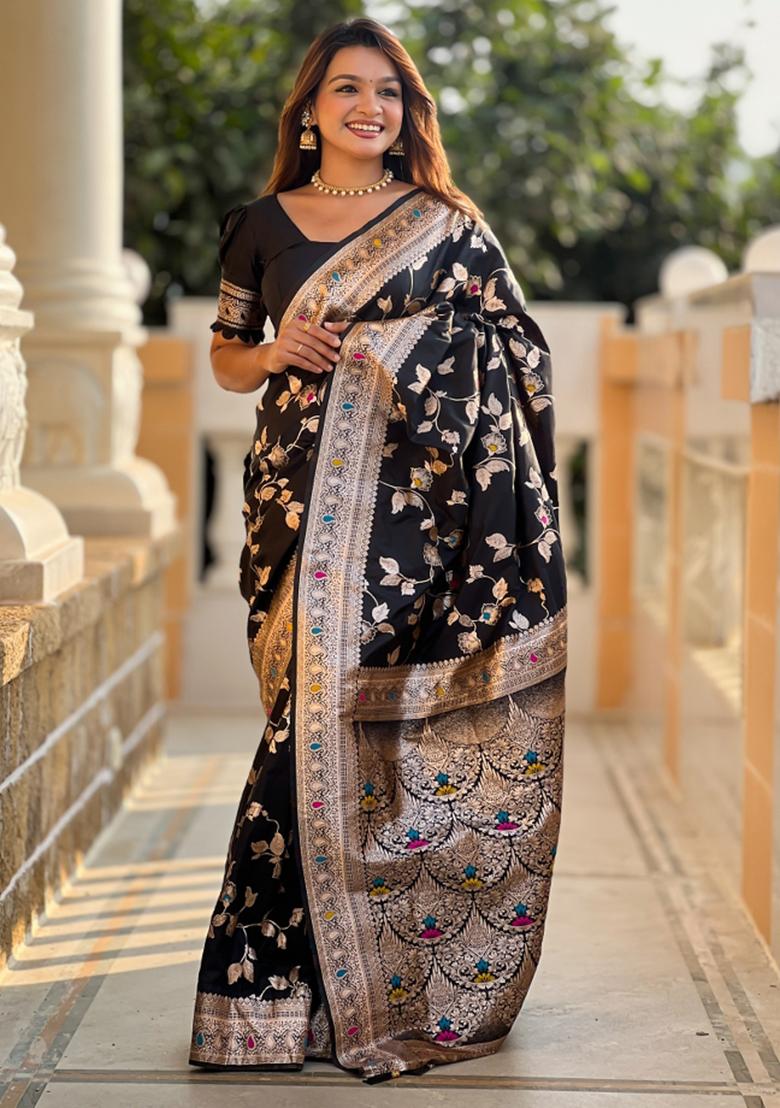 Black Weaving Silk Saree Set