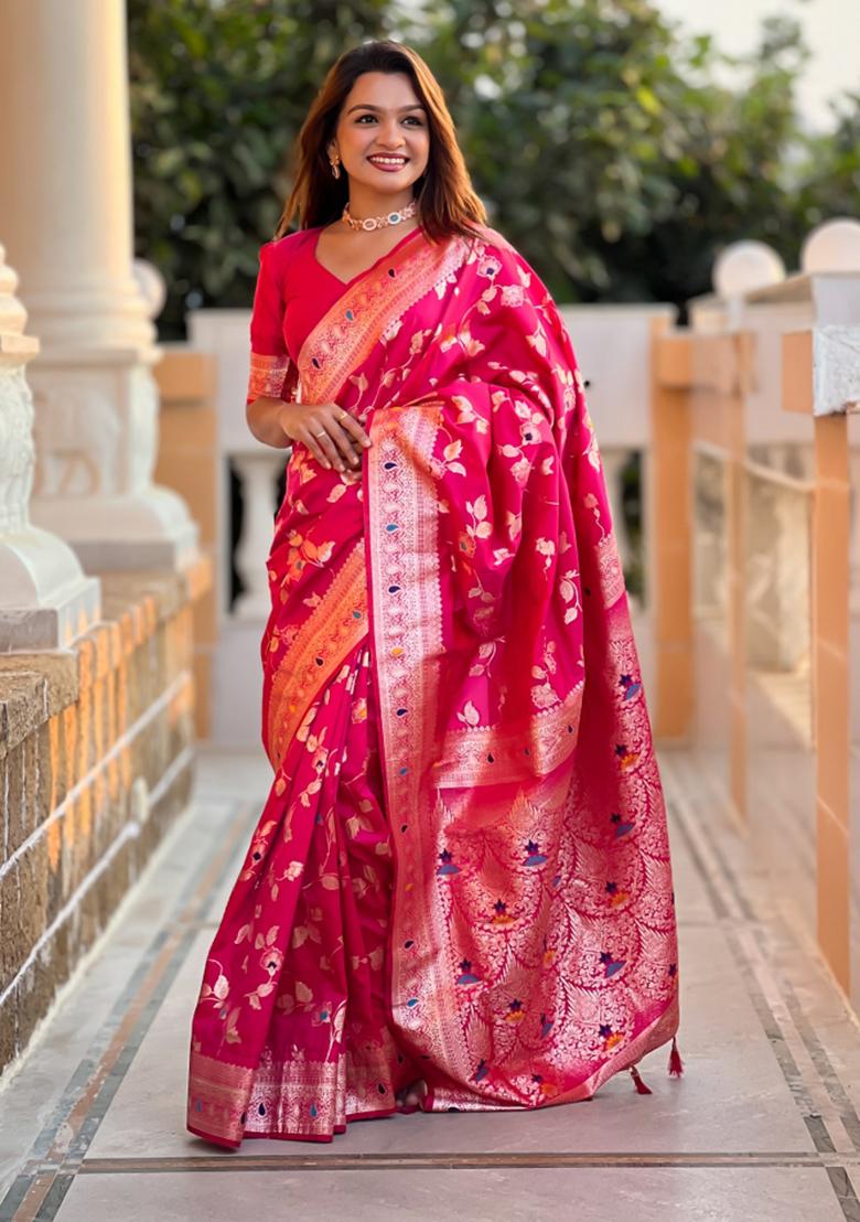 Rani Pink Weaving Silk Saree Set