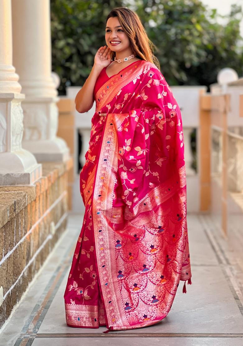 Rani Pink Weaving Silk Saree Set