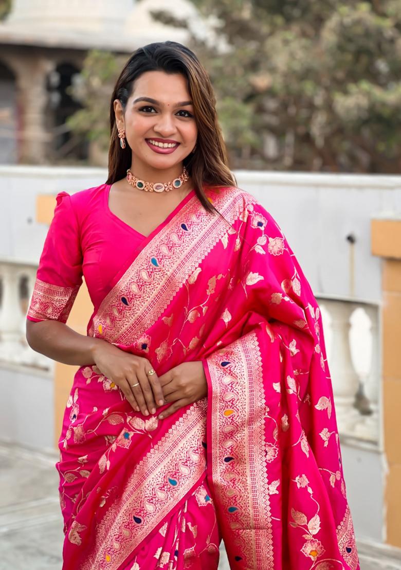 Rani Pink Weaving Silk Saree Set