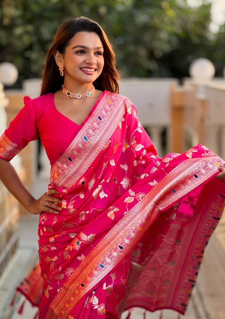 Rani Pink Weaving Silk Saree Set