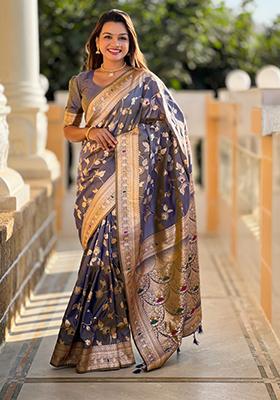 Grey Weaving Silk Saree Set