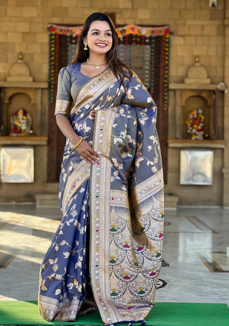 Grey Weaving Silk Saree Set - Indya