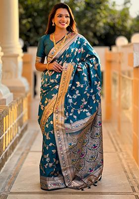 Morpeach Blue Weaving Silk Saree Set