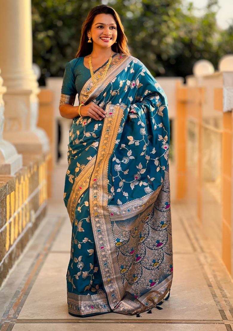 Morpeach Blue Weaving Silk Saree Set