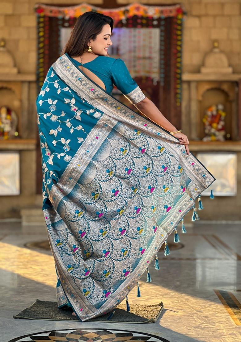 Morpeach Blue Weaving Silk Saree Set