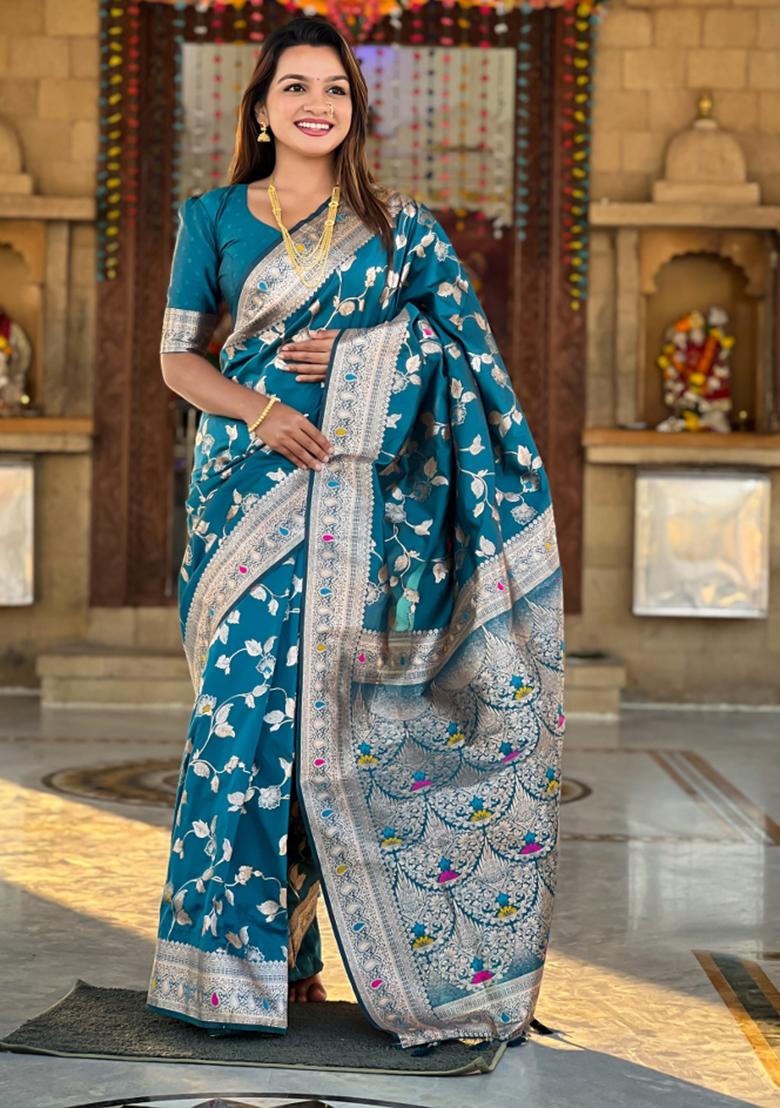 Morpeach Blue Weaving Silk Saree Set