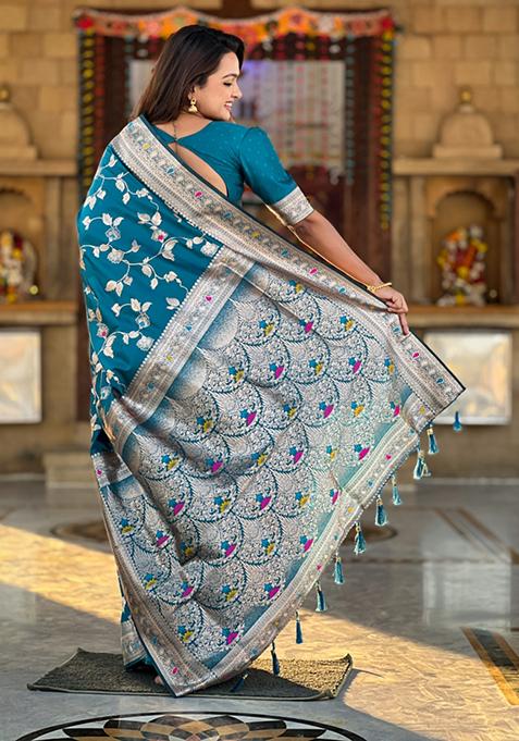 Morpeach Blue Weaving Silk Saree Set