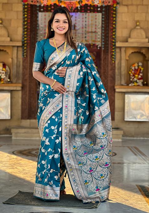 Morpeach Blue Weaving Silk Saree Set