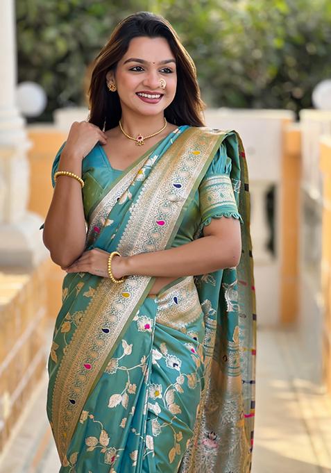 Pista Green Weaving Silk Saree Set