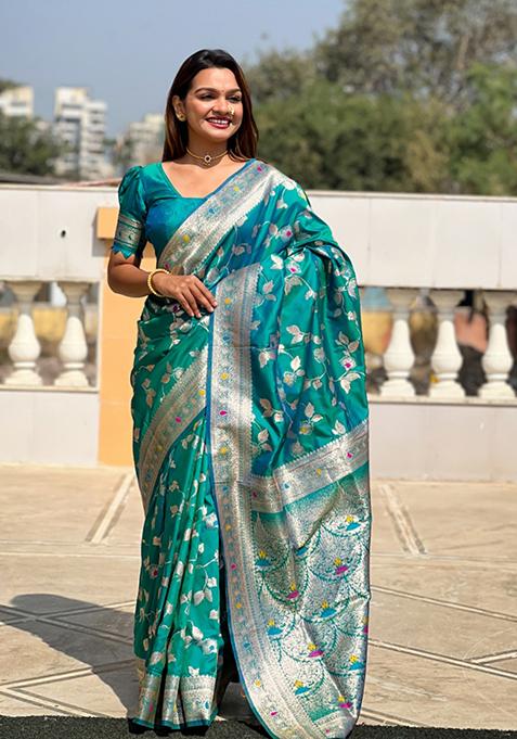 Rama Green Weaving Silk Saree Set