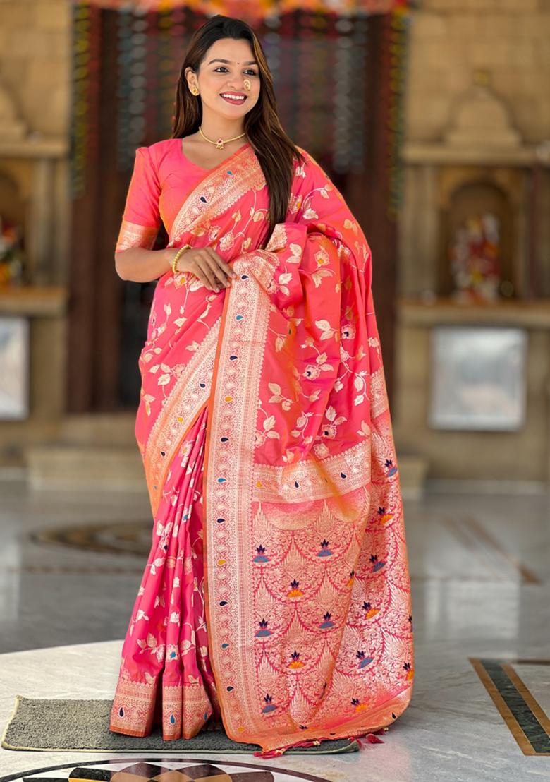 Pink Weaving Silk Saree Set
