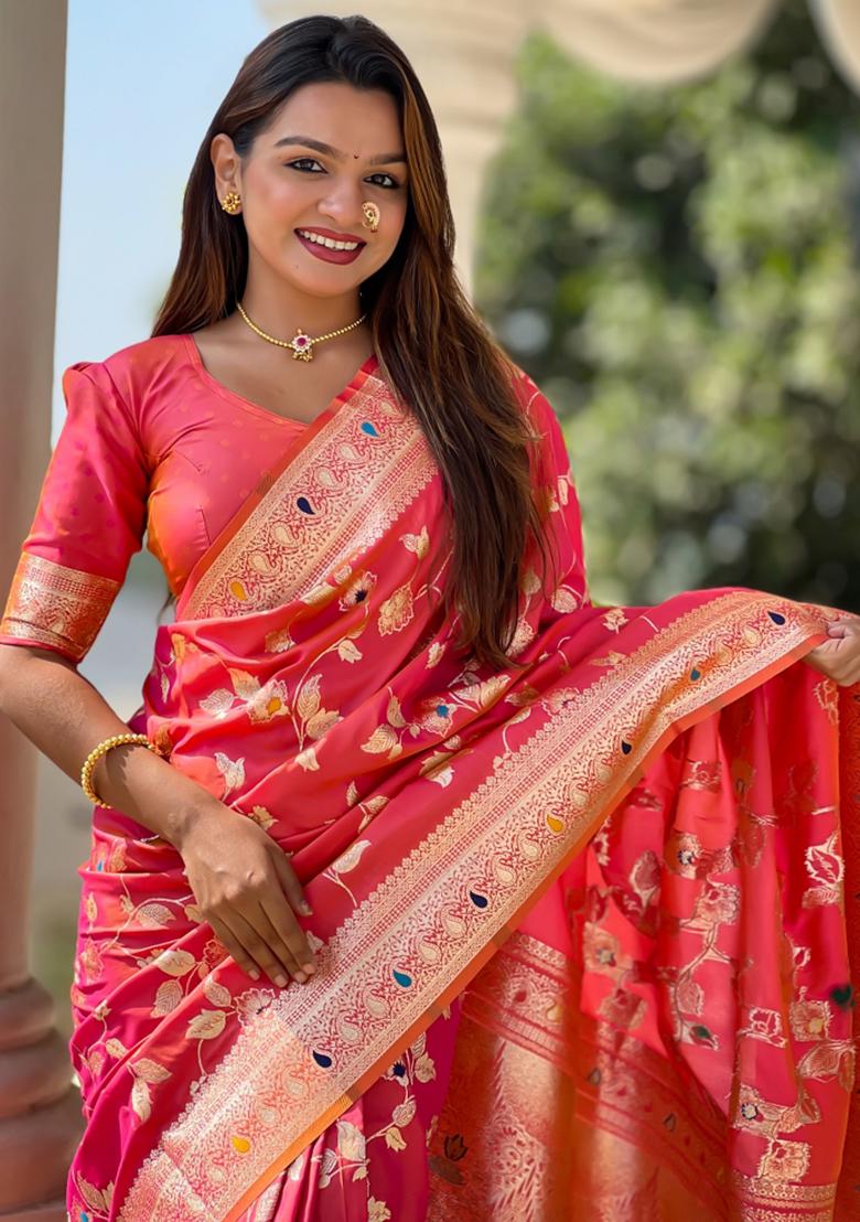 Pink Weaving Silk Saree Set