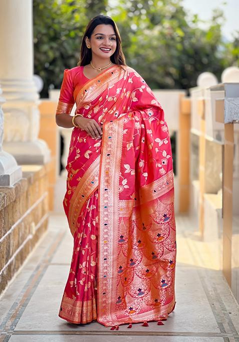 Pink Weaving Silk Saree Set