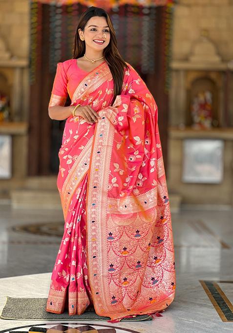 Pink Weaving Silk Saree Set