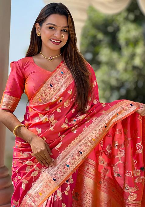 Pink Weaving Silk Saree Set