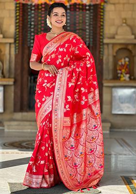 Red Weaving Silk Saree Set