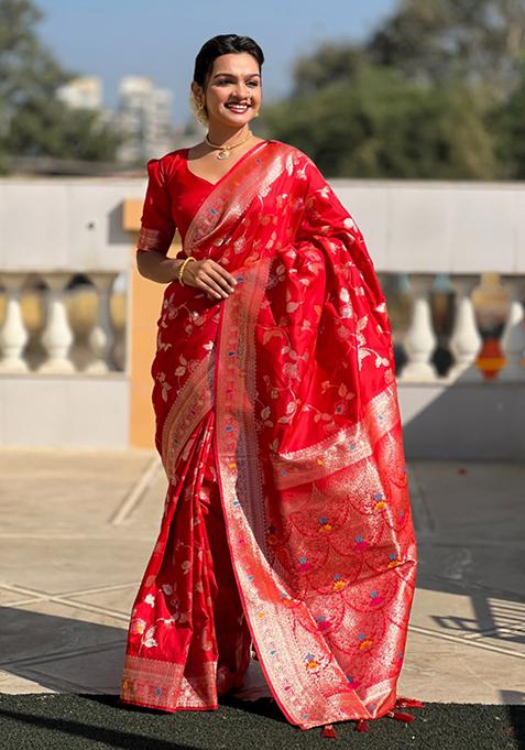 Red Weaving Silk Saree Set