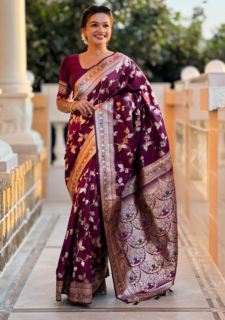 Wine Weaving Silk Saree Set