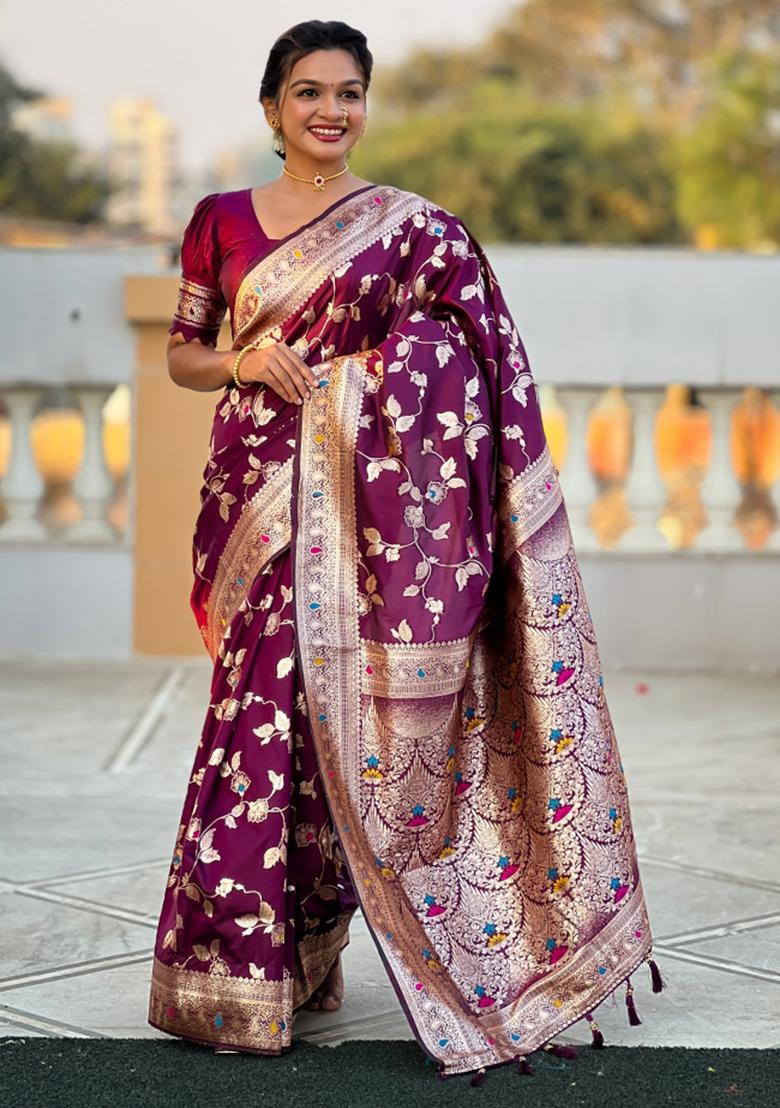 Wine Weaving Silk Saree Set
