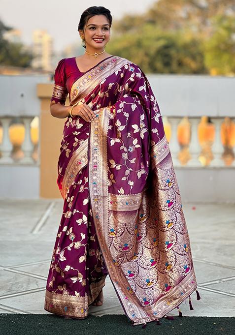 Wine Weaving Silk Saree Set