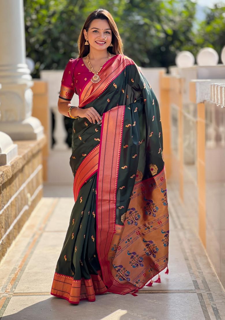 Bottle Green Weaving Silk Saree Set