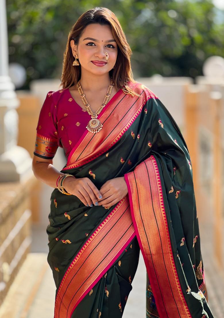 Bottle Green Weaving Silk Saree Set