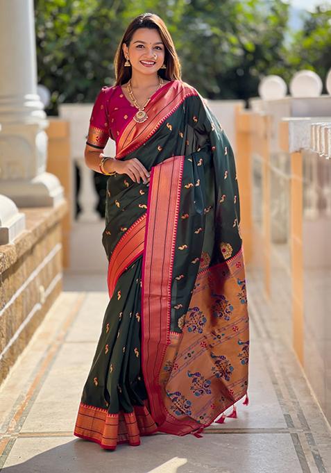 Bottle Green Weaving Silk Saree Set