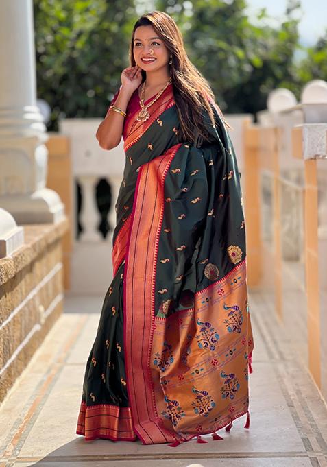 Bottle Green Weaving Silk Saree Set