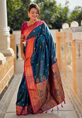 Morpeach Blue Weaving Silk Saree Set