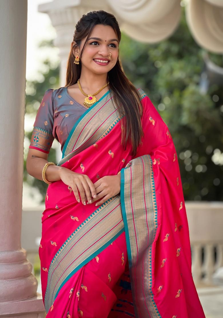 Pink Weaving Silk Saree Set