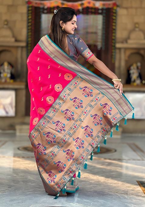 Pink Weaving Silk Saree Set