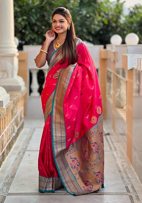 Pink Weaving Silk Saree Set