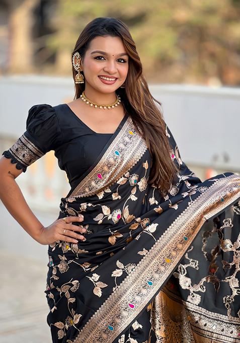 Black Weaving Silk Saree Set