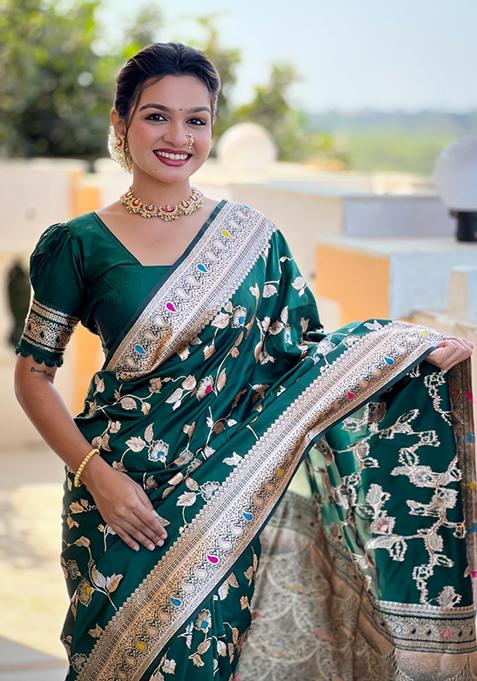Bottle Green Weaving Silk Saree Set
