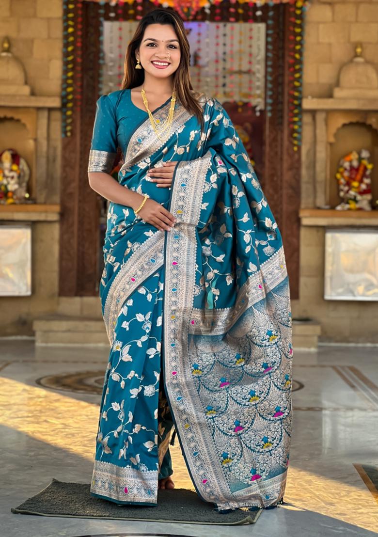 Morpeach Blue Weaving Silk Saree Set
