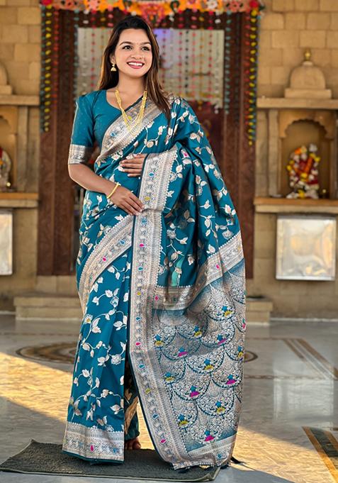 Morpeach Blue Weaving Silk Saree Set