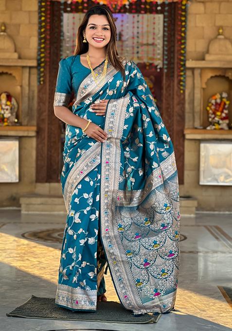 Morpeach Blue Weaving Silk Saree Set