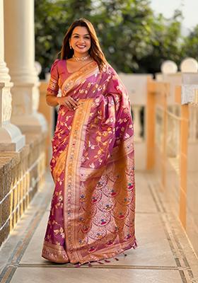 Onion Pink Weaving Silk Saree Set