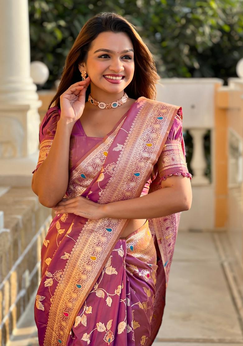Onion Pink Weaving Silk Saree Set - Indya