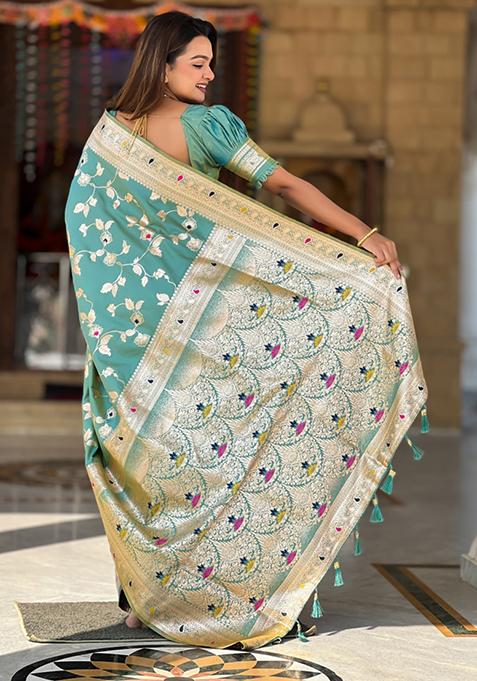 Pista Green Weaving Silk Saree Set