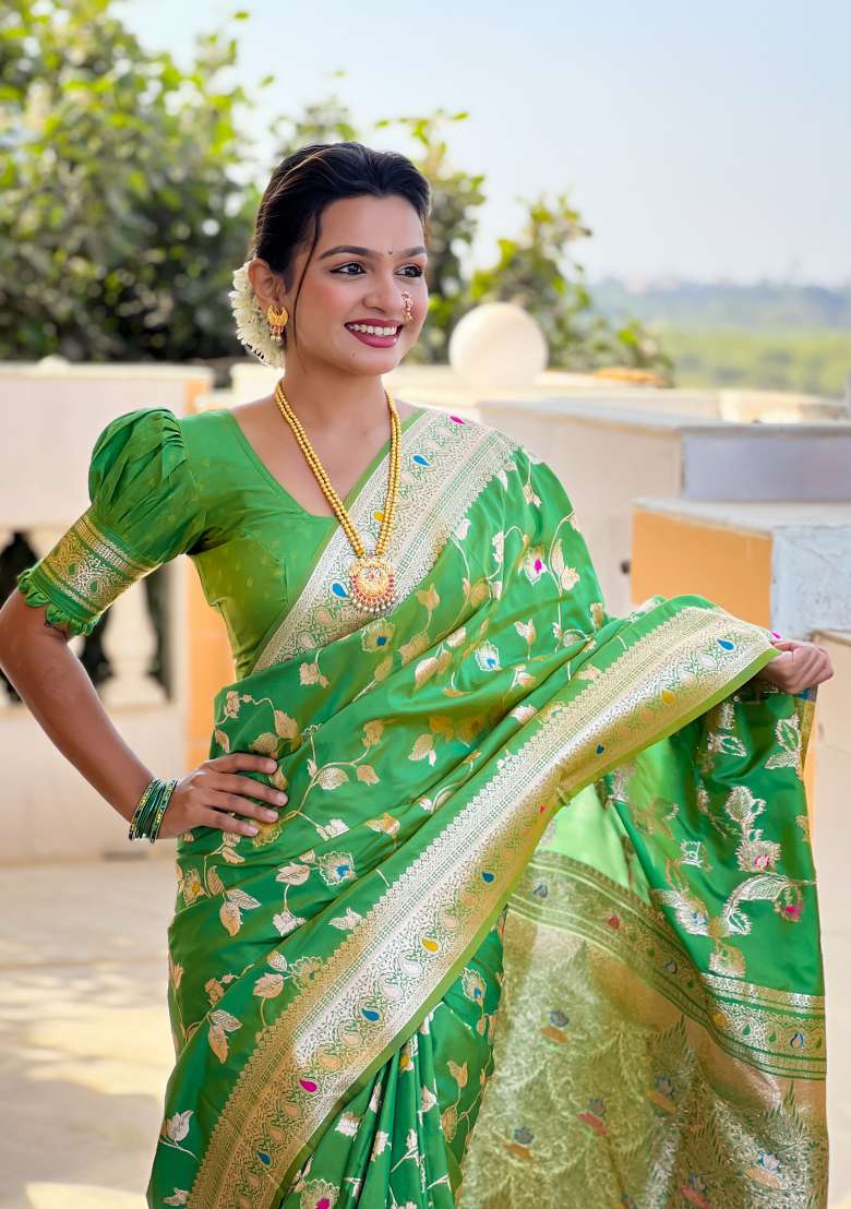 Popty Green Weaving Silk Saree Set for Diwali | Wedding & Festive Wear - Indya